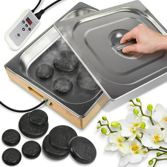 SereneLife Portable Electric Spa Hot Stones Massager and Heater Warmer Set Kit with 6 Large & 6 Small Round Shaped Basalt Massaging Rocks, Digital Controller Heating Bag, Black