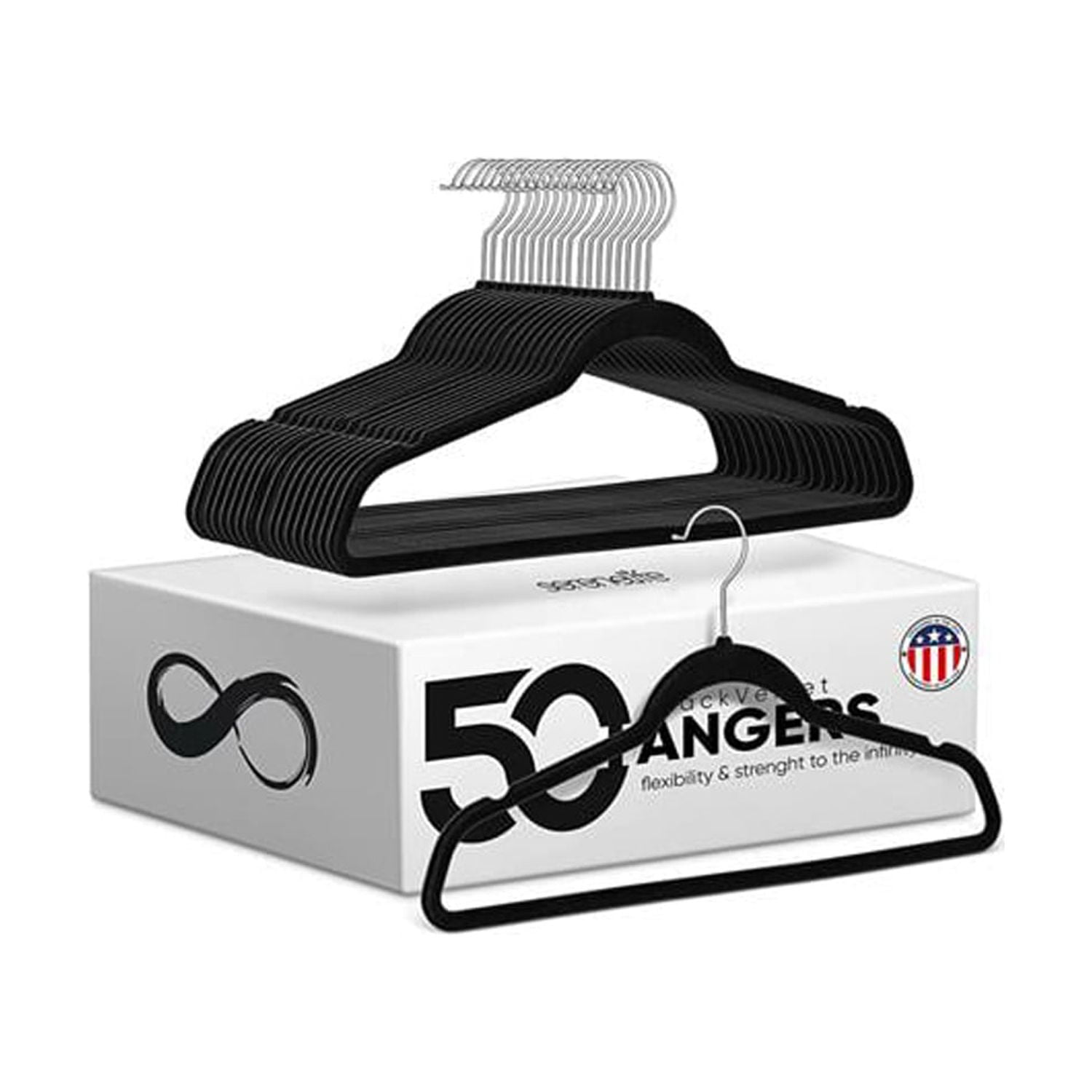 Black Velvet Non-Slip Heavy Duty Hangers with Metal Hooks, 50-Pack