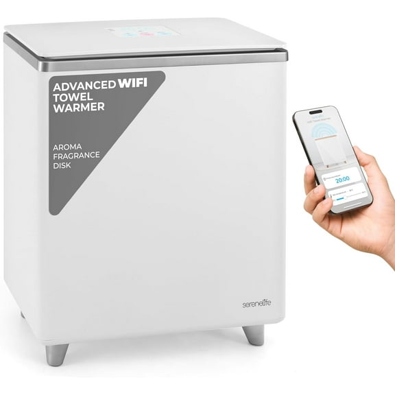 SereneLife Rectangular Towel Warmer Bucket, Large Capacity, Single-Touch Towel & Blanket Warmer with Built-in WiFi, Silver