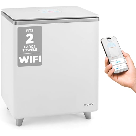 SereneLife Rectangular Towel Warmer Bucket, Large Capacity, Single-Touch Towel & Blanket Warmer with Built-in WiFi, Silver