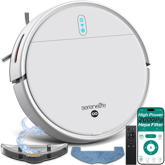 SereneLife Robot Vacuum Cleaner with App Control, Automatic Robotic Vacuum, 700Pa Suction, Auto Recharge, 3 Cleaning Modes, Dual Side Brushes for Hard Floors & Low-Pile Carpets