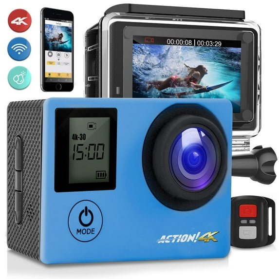 SereneLife SL4KDSBL - ACTION! Cam - 4K Ultra HD WiFi Camera, 1080p+ Sports Action Camera & Camcorder with Slow Motion Recording (Blue)