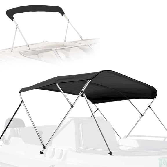 SereneLife SLBTW90G - 3 Bow Bimini Top Boat Cover - 2 Straps for Front, 2 Support Poles for Rear, Includes Mounting Hardware with 1" Double-Walled Aluminum Frame Tubes (Gray)