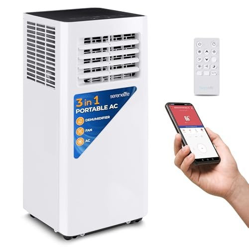 SereneLife SLPAC805W.5 Air Conditioner + Built-in Dehumidifier Portable AC Unit Cools Rooms Up to 400sq ft-Includes Remote Control & Window Sealing Kit, 8,000 BTU + WiFi, White-Black