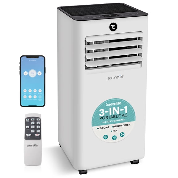 SereneLife SLPAC83W Portable Air Conditioner-8000 BTU Capacity Ashrae Compact Home A/C Cooling Unit Only with WiFi Function, Includes Window Mount Kit White