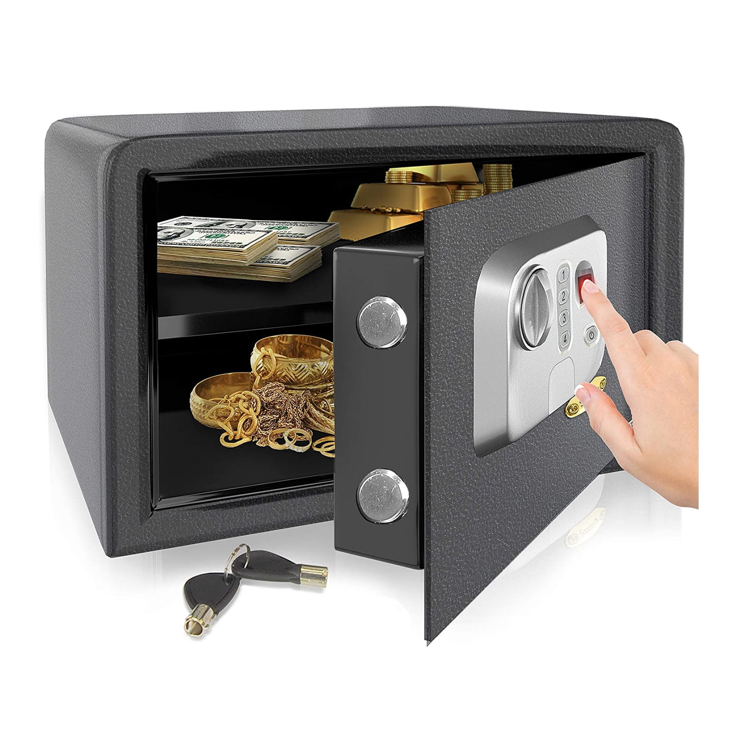 SereneLife SLSFE18FP Electronic Fingerprint Combination Safe Box w/ Keys, Black