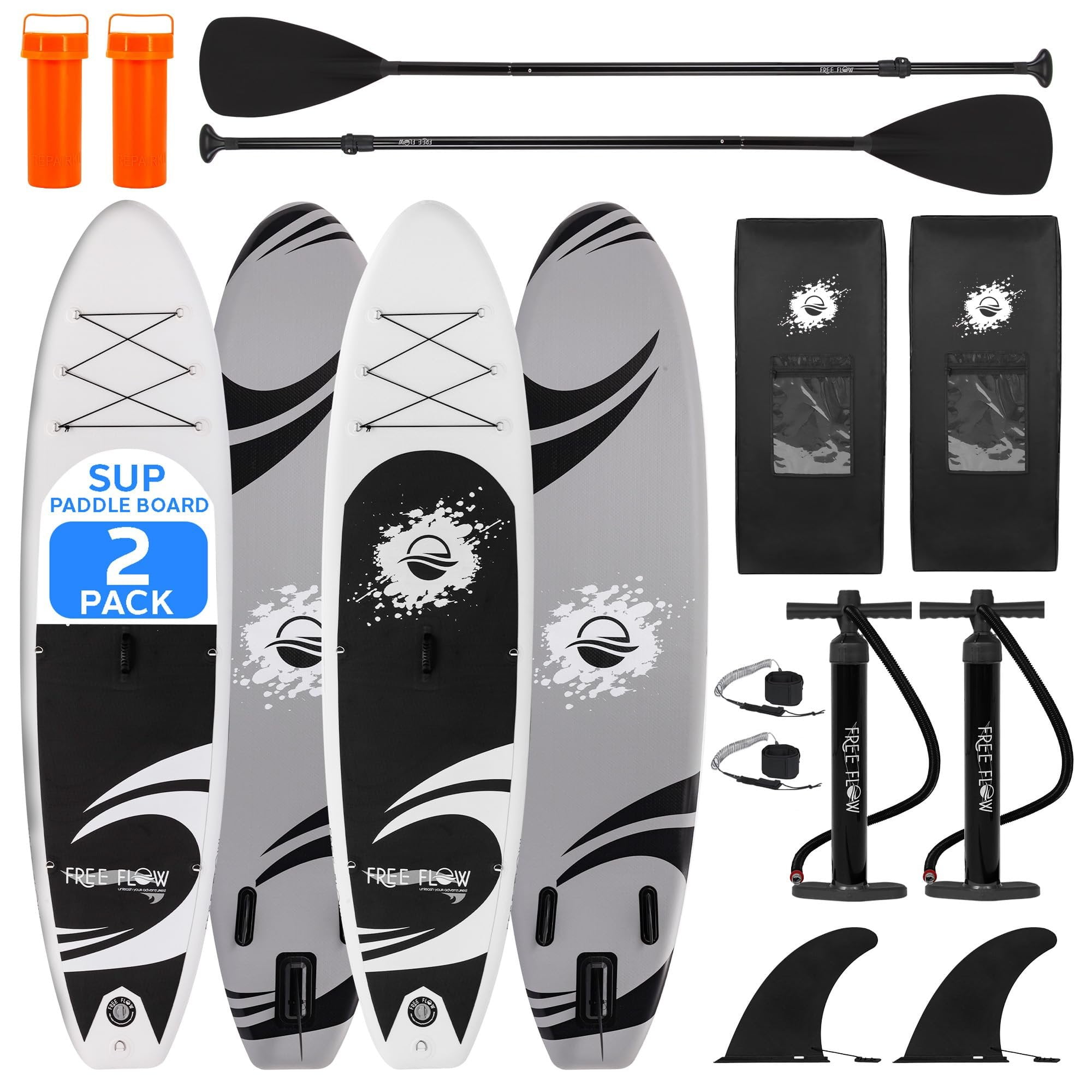 SereneLife Set of 2 Inflatable Stand Up Paddle Boards - 10 Standup SUP Paddle Boards with Manual Air Pump, Safety Leash, Paddleboard Repair Kit, Storage Bag - 275 lbs. Capacity