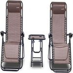 SereneLife Outdoor Zero Gravity Recliner Set with Table - 2-Pack Adjustable Lounge Seats with Headrest Pillow, Cup Holders - Foldable for Lawn, Patio, Camping - Brown