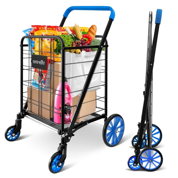 SereneLife Shopping Cart with 360 Rolling Swivel Wheels, Collapsible Design