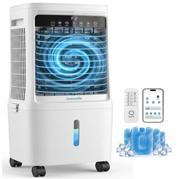 SereneLife Smart Bladeless Tower Fan with WiFi  1700 CFM High Velocity Cooling Fan, Remote Control, 25L Water Tank & 4 Ice Packs for Home & Office