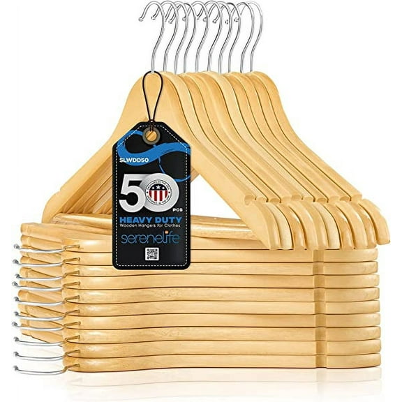 SereneLife Solid Wooden Hangers, 50 Pieces Hangers for Clothes, Heavy Duty Suit Hanger Set