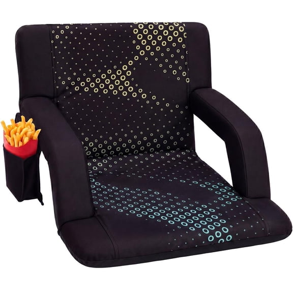 SereneLife Stadium Seat with Back Support, 25-Inch Wide Padded Bleacher Chair, 6 Recline Positions, Armrests, Cup Holder & Shoulder Straps, Black