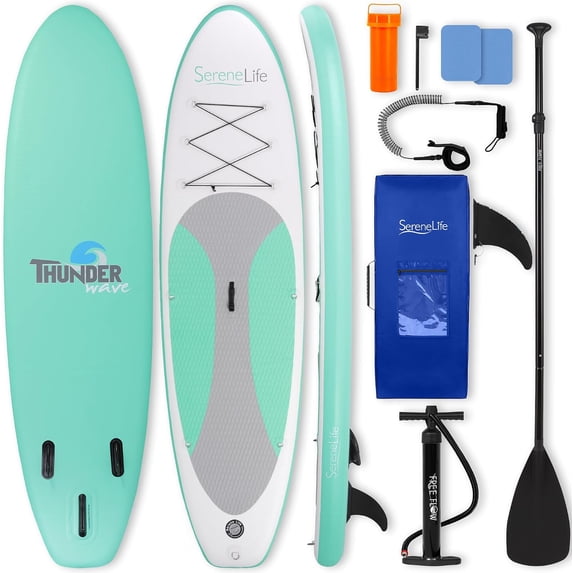 SereneLife Thunder Wave SUP - 10 Foot Inflatable Stand Up Water Paddle Board, Leash, Paddle, Pump & Bag - Green