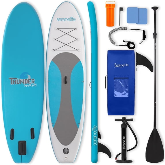 SereneLife Thunder Wave SUP - 10 Foot Inflatable Stand Up Water Paddle Board, Leash, Paddle, Pump & Bag