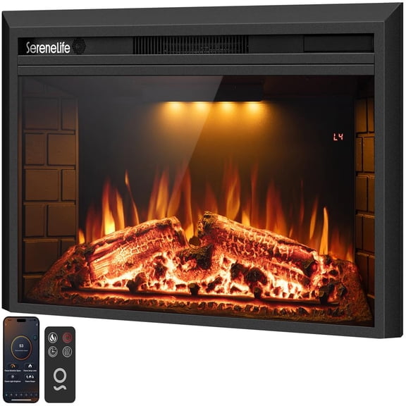SereneLife Wall-Mounted Fireplace Heater with Decorative LED Flame, Smart Wi-Fi via Tuya App, Touch Screen Panel and Remote (Black)