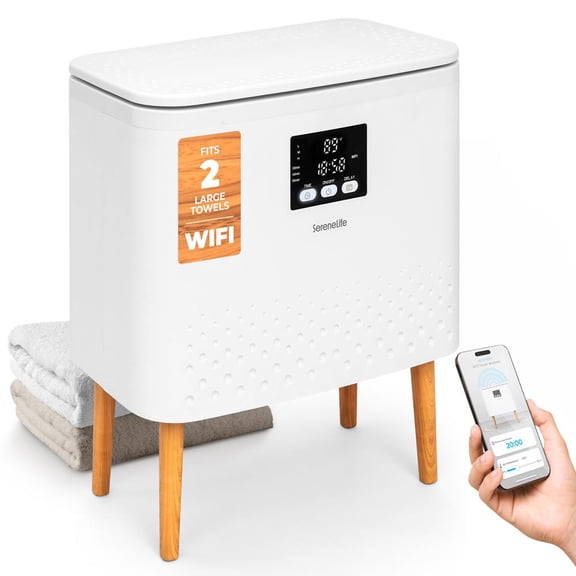 SereneLife WiFi-Enabled Towel Warmer Bucket 20L Large Capacity Rectangular Heater for Towels, Blankets & Robes, Single-Touch Control, Energy-Efficient with Auto Shut-Off (White)