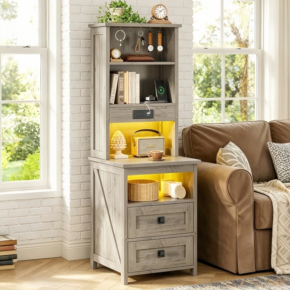 SereneLounge Extra 51.6’’Tall Wood Nightstands with Charging Station and 2 Drawers & LED Bookshelf with Storage, Gray