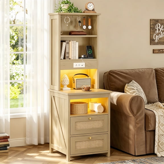 Boho Extra 51.6’’Tall Wood Rattan Nightstands with Charging Station and LED Bookshelf with Storage 2 Drawers Bed Side Table