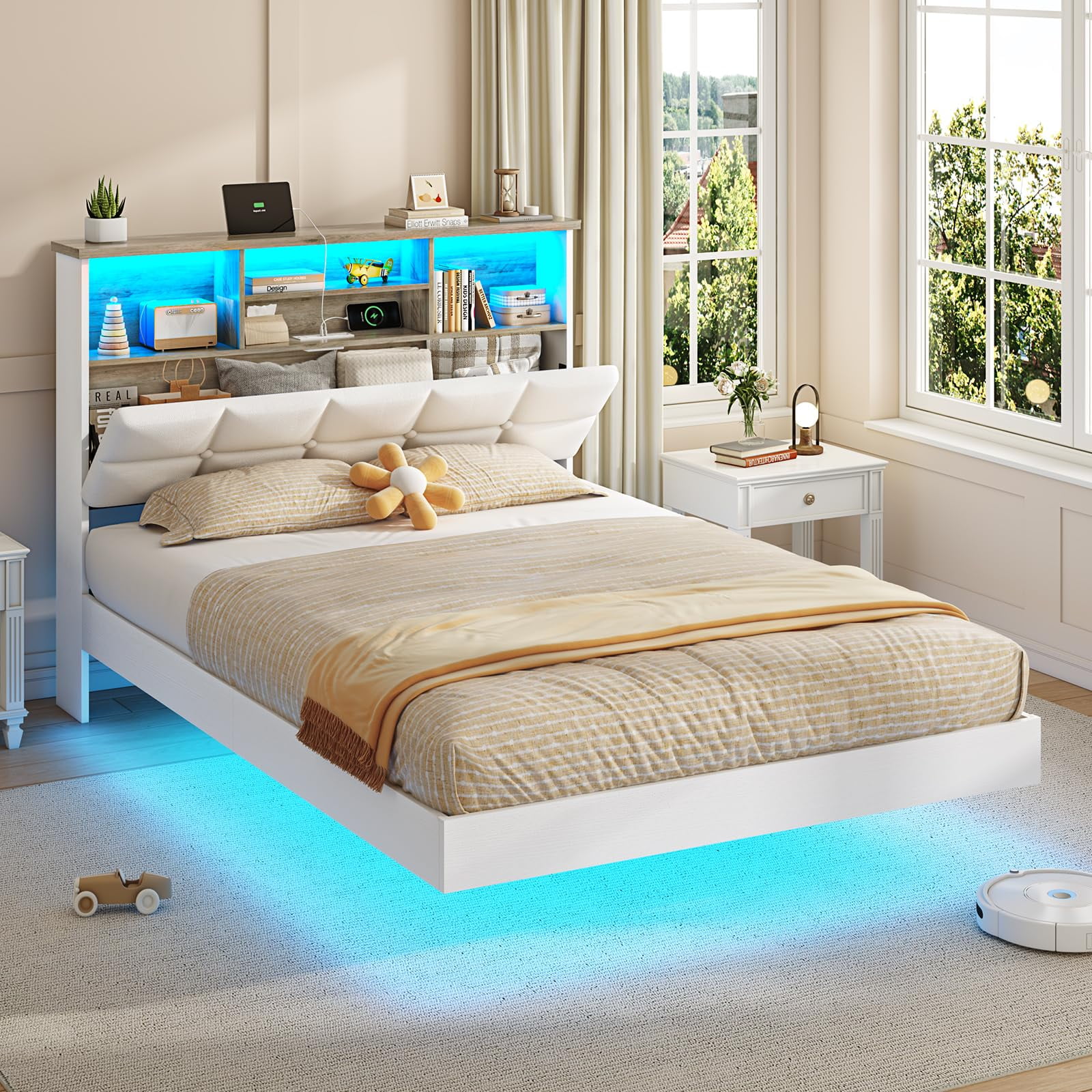 Torveric Twin Floating Bed Frame with Charging Station and LED Lighted Bookcase Headboard Metal Platform Bed PU Leather Adjustable Tufted Upholstered Bed, White