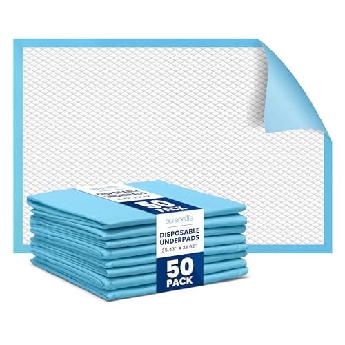 Serenelife Disposable Under Pads | 50 Count Incontinence Pads for Pets, Babies, Kids & Adults | Super Absorbent & Leak-Resistant | 36 x 23 Inch Chuck Pads | Water-Resistant PE Backsheet
