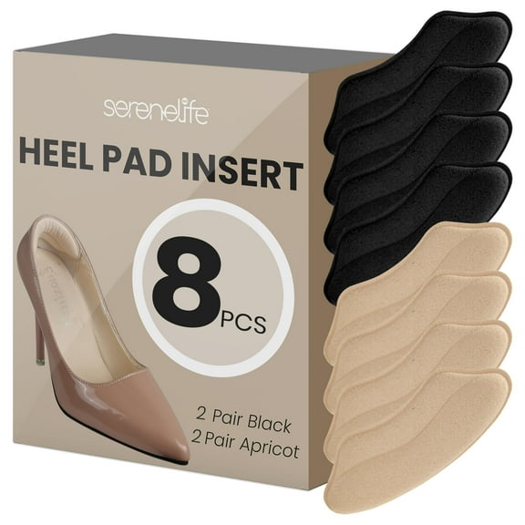 Serenelife Heel Pad Shoe Insert - 4 Pairs of Shoe Pad Inserts for Men & Womens Shoes, Sneakers & High Heels - Reduces Heel Discomfort - Soft & Comfortable - Lasting Adhesion - Black & Apricot