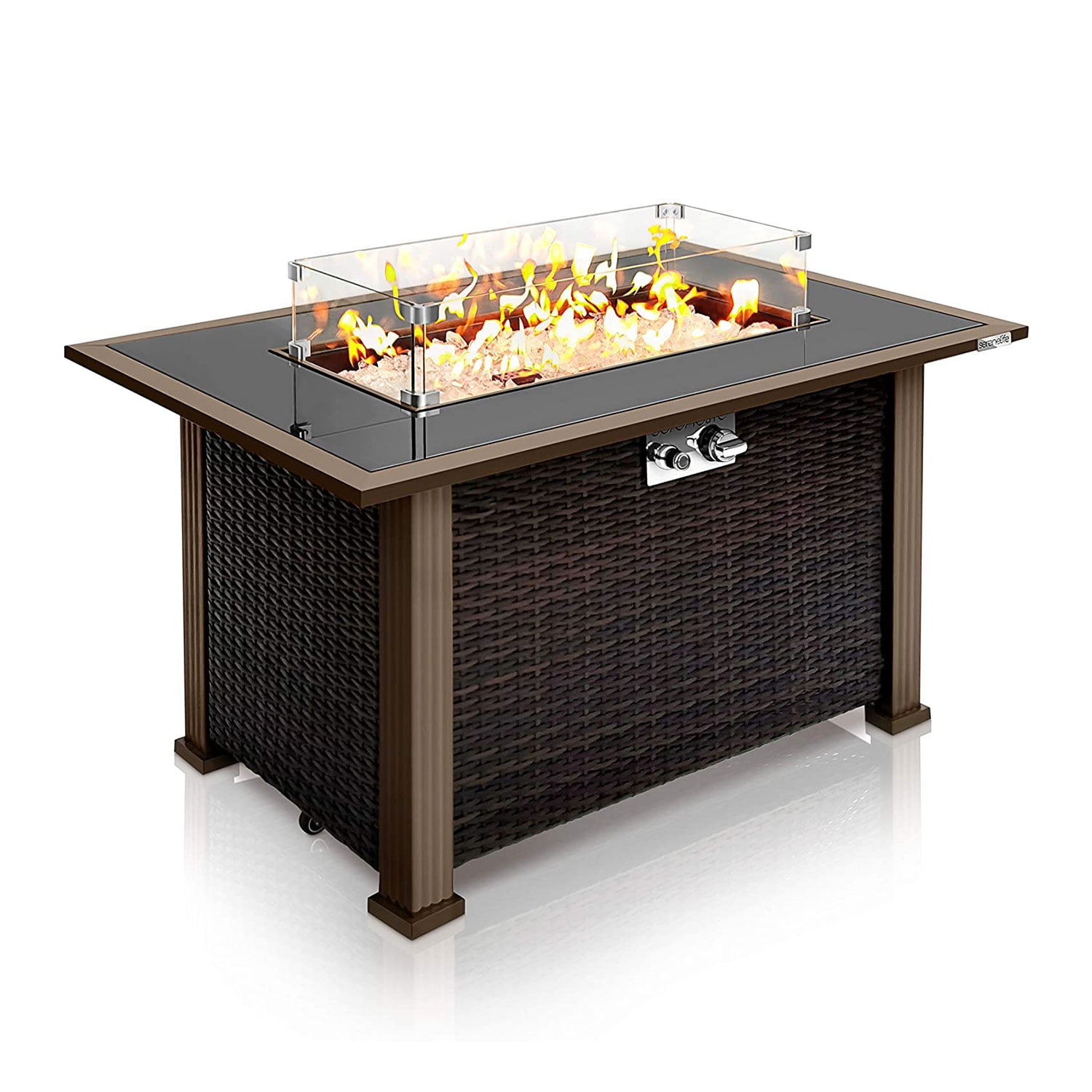 Black Rattan Propane Fire Pit Table with Glass Guard