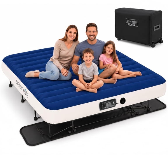 SerenelifeHome Ez-Bed Inflatable Air Mattress with Frame-Luxury Self-Inflating Blow Travel, Blue/ White