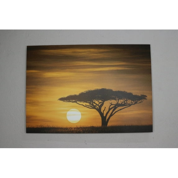 Serengeti Sunrise Landscape, 3D Canvas, Living Room Wall Art, 3D Printed Canvas, Africa Landscape Poster, Tree Landscape Poster, Canvas Wall Decor - Gold Framed