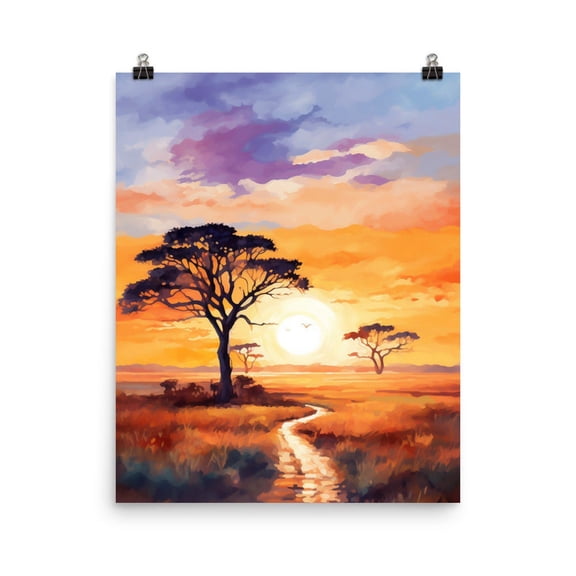 Serengeti Sunset Print, African Savanna Wall Art, Safari Landscape Poster, Tanzania Decor, African Trees Artwork, Horizon Sunset Home Decor #3378, Unframed Poster Size 12x18