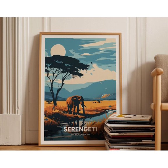 Serengeti Tanzania Elephant Landscape Wall Art Print, Unframed Paper Poster 24x36in