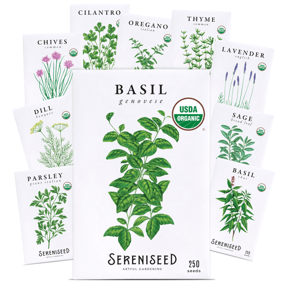 Sereniseed Certified Organic Herb Seeds 10-Pack | Non-GMO Heirloom Variety for Indoor Outdoor Culinary Gardening Gift Kit
