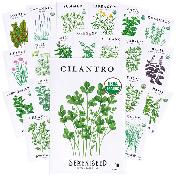 Sereniseed Certified Organic Herb Seeds (20-Pack) Non GMO, Heirloom Seed Starting Video For Indoor & Outdoor Planting