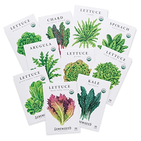 Sereniseed Certified Organic Leafy Greens Lettuce Seeds Collection (10-Pack) 100% Non GMO, Open Pollinated Grow Guide