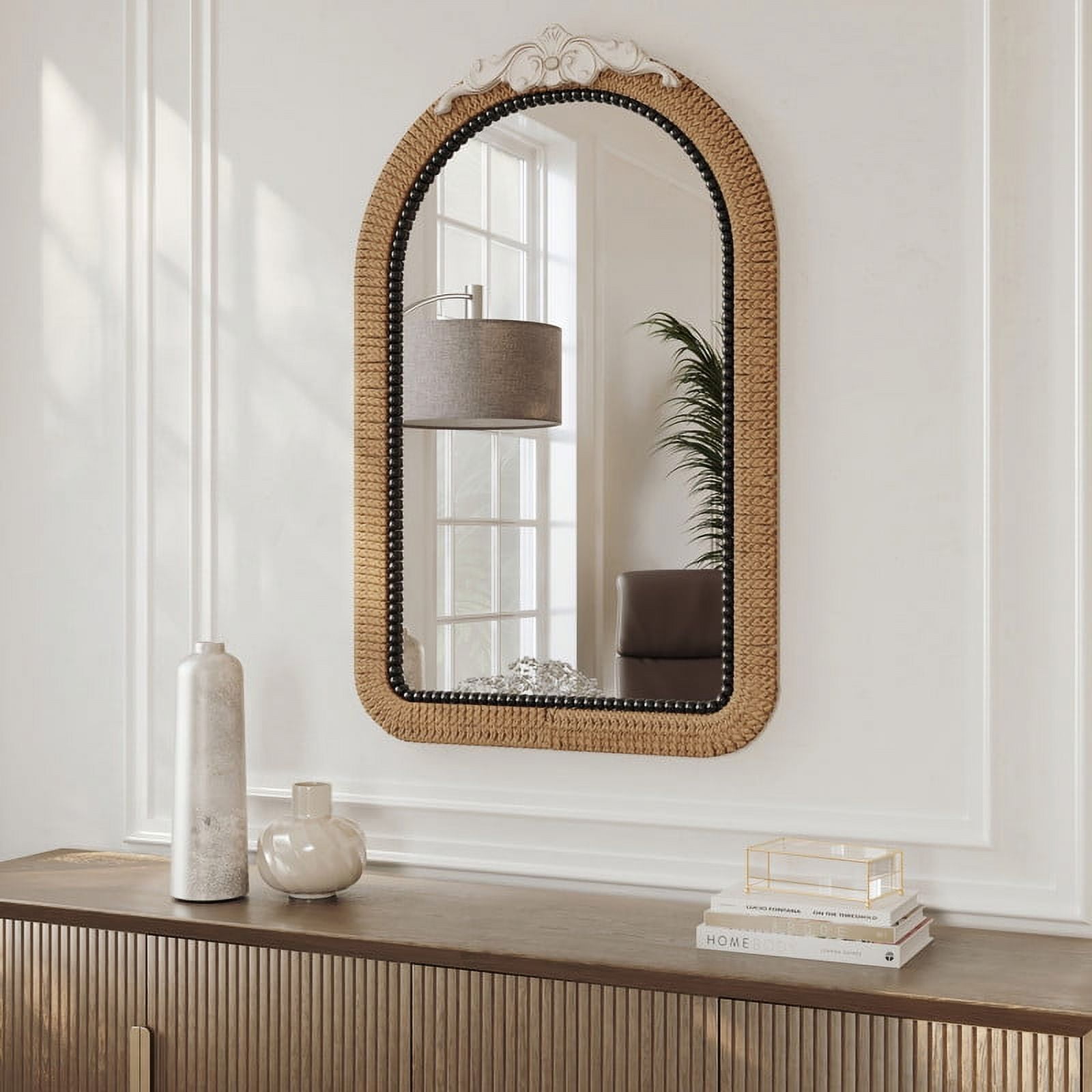 Serenity Arched Rattan Frame Boho Wood Wall Mirror with White Ornate Molding