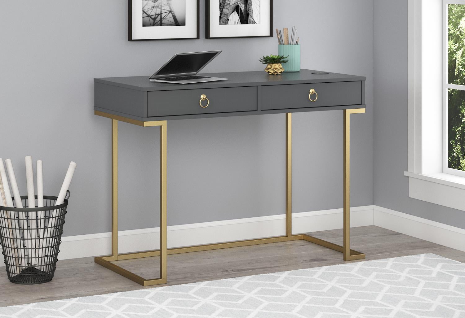 Graphite Gray and Gold Wireless Charging Writing Desk with Drawers