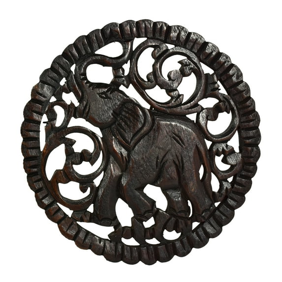 Serenity Elephant Hand Carved Round Teak Wood Wall Art 10inch