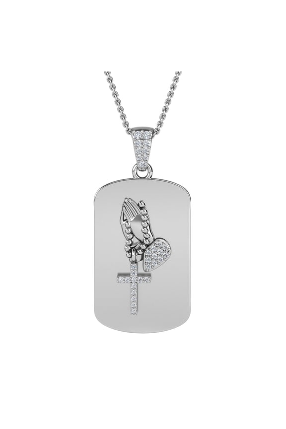 Serenity Hand Praying Cross Tag Pendant Necklace For Women Men White Cubic Zirconia 925 Sterling Silver Platinum Plated Jewelry Valentines Day Gifts for Women 20" Ct 0.2 Catholic Faith Christian