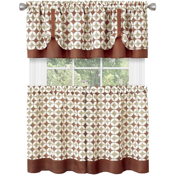Serenity Home Geometric Window Curtain Tier Pair and Valance Set - 58x24 - Spice/Tan