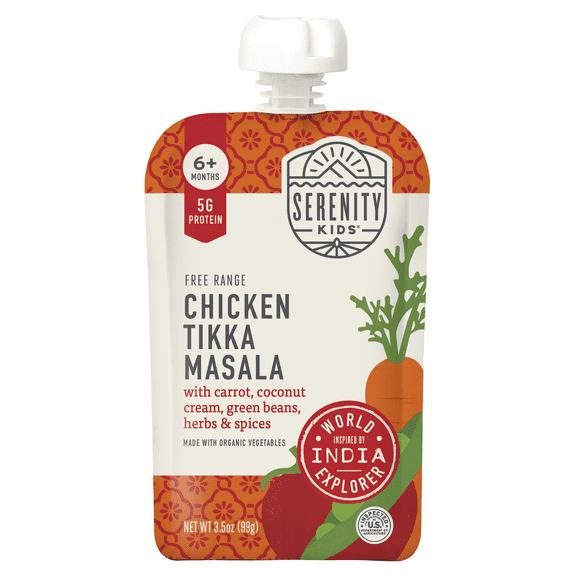 Serenity Kids Free Range Chicken Tikka Masala with Carrot, Coconut Cream, Green Beans, Herbs & Spices, 6+ Months, 3.5 oz (99 g)