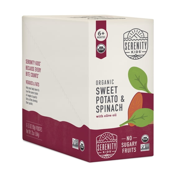 Serenity Kids Organic Sweet Potato & Spinach with Olive Oil, 6+ Months, 6 Pouches, 3.5 oz (99 g) Each