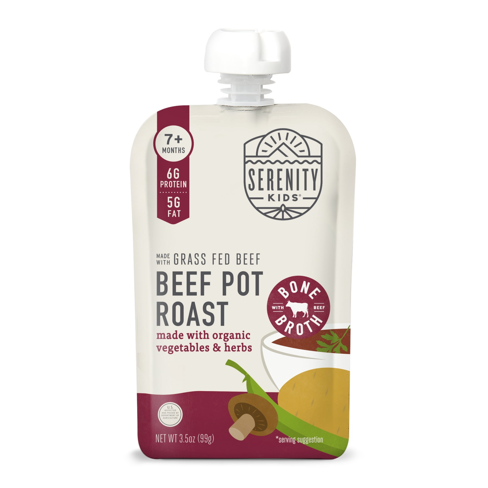 Serenity Kids Grass Fed Beef Pot Roast Stage 2 Baby Food Organic Veggies Herbs & Bone Broth, 3.5oz Pouch
