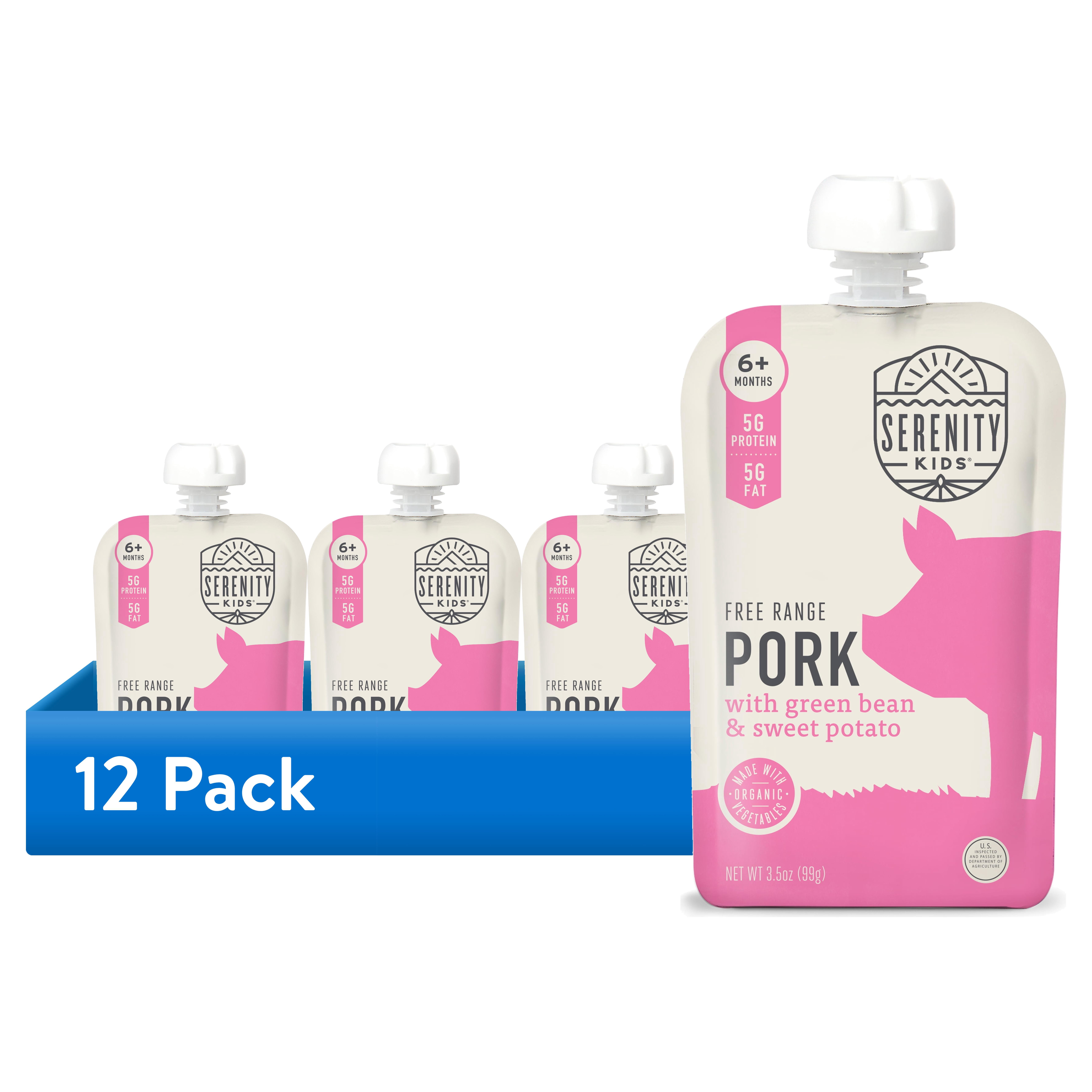 (12 pack) Serenity Kids Free Range Pork with Organic Green Beans & Sweet Potatoes Stage 2 Baby Food, 3.5oz Pouch