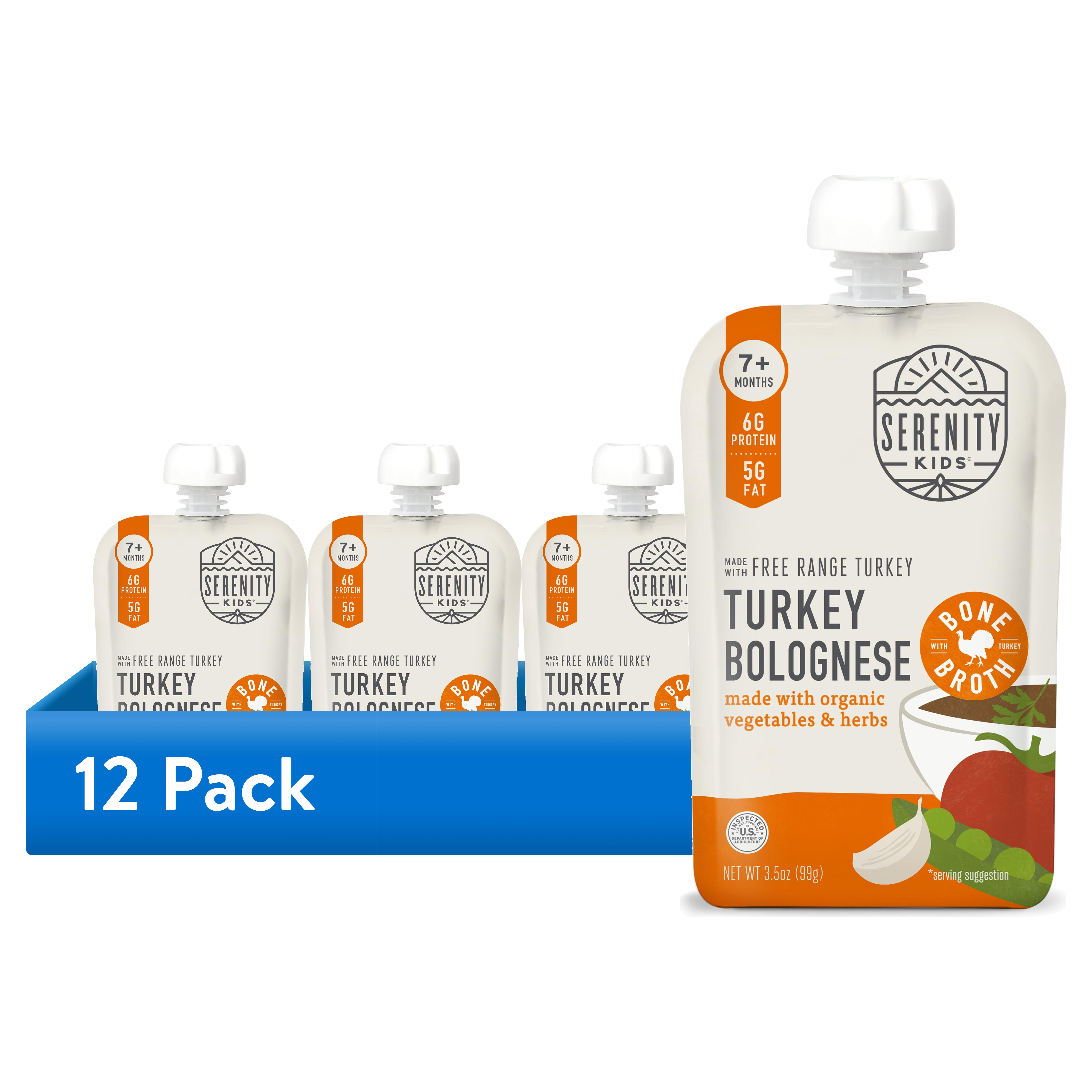 (12 pack) Serenity Kids Free Range Turkey Bolognese with Organic Vegetables, Herbs & Bone Broth Baby Food Pouch 3.5oz