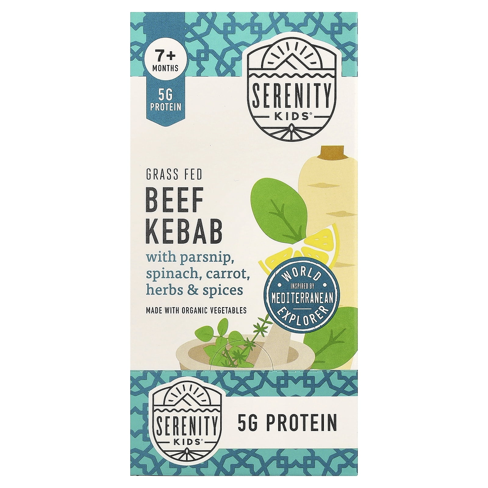 Serenity Kids Grass Fed Beef Kebab with Parsnip, Spinach, Carrot, Herbs & Spices, 7+ Months, 6 Pouches, 3.5 oz (99 g) Each