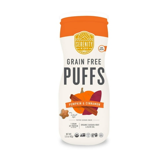 Serenity Kids Organic Grain Free Puff Snacks, Pumpkin & Cinnamon with Olive Oil, 1.5 oz. Canister