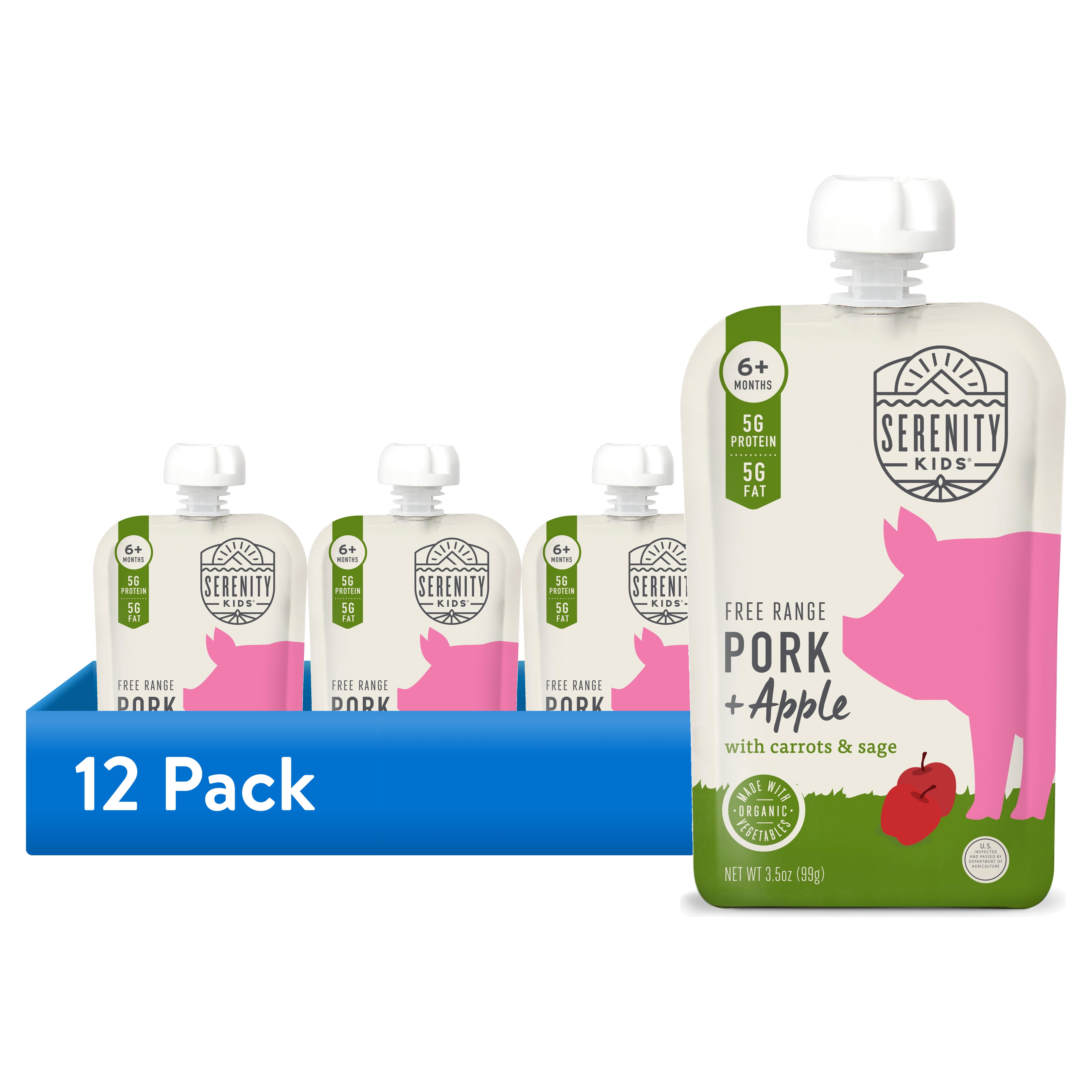 (12 pack) Serenity Kids Stage 2 Baby Food Pouch Free Range Pork & Apple with Organic Carrots & Sage - 3.5oz