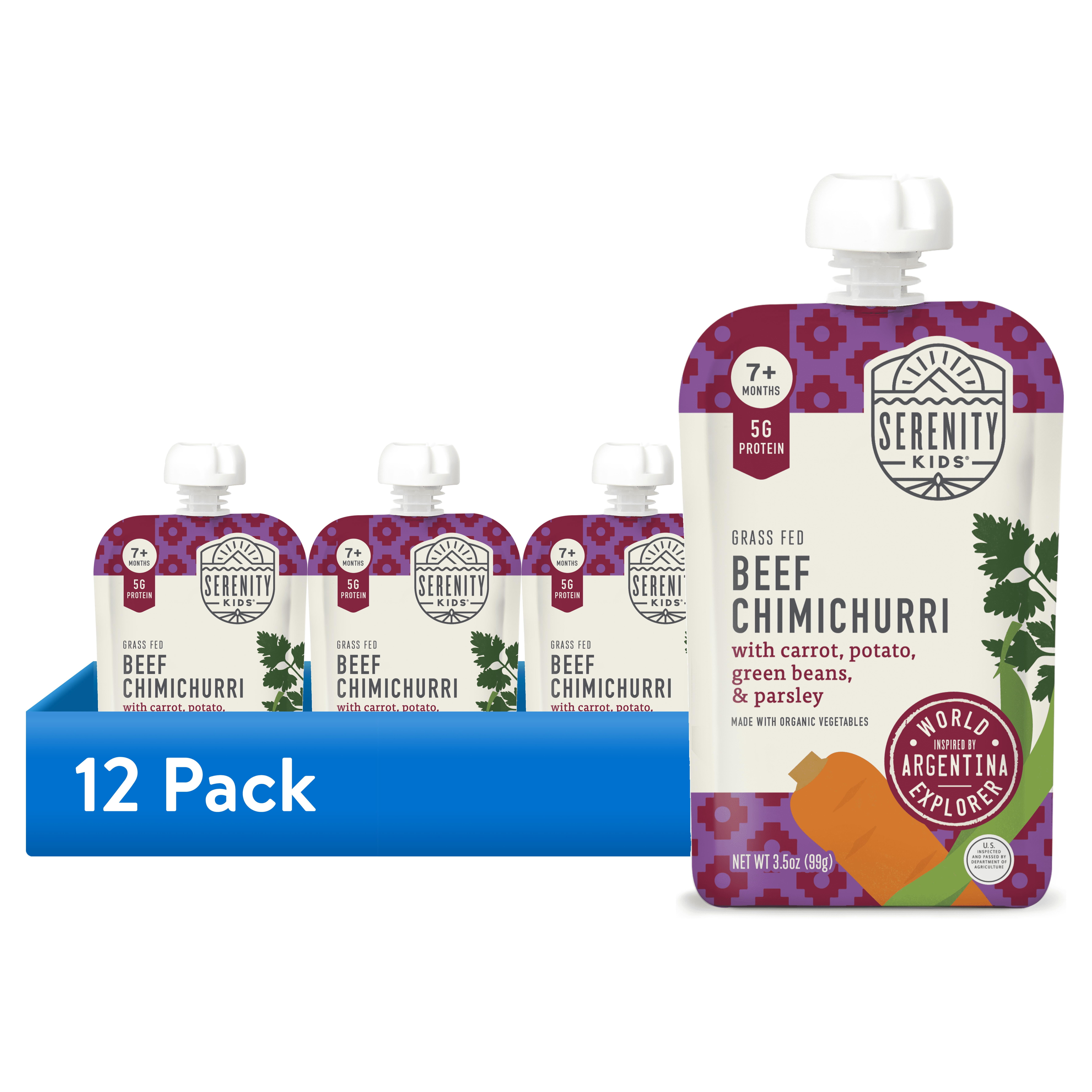 (12 pack) Serenity Kids World Explorer Grass Fed Beef Chimichurri with Organic Vegetables Stage 2 Baby Food Pouch - 3.5oz