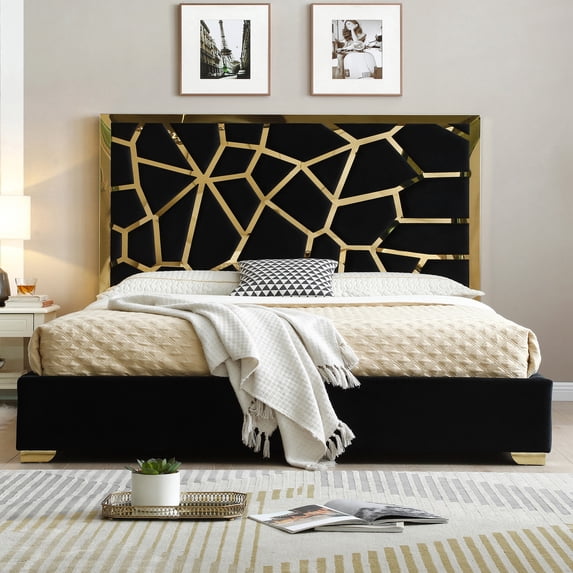 Serenity King Velvet Bed with Gold Metal Frame in Black Color