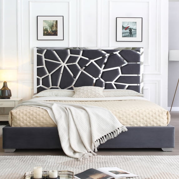 Serenity King Velvet Bed with Silver Metal Frame in Gray Color