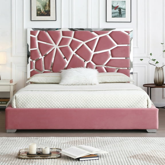 Serenity King Velvet Bed with Silver Metal Frame in Pink Color